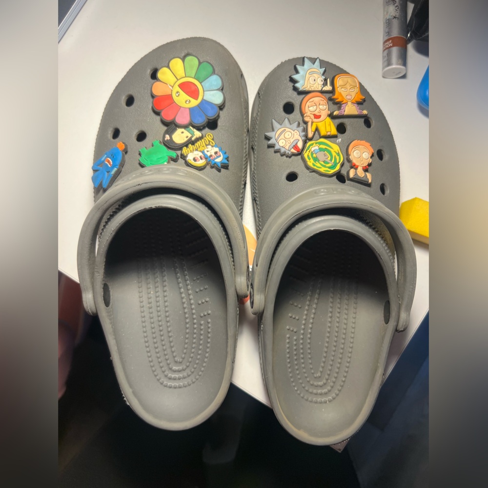 CROCS Gray Mules with Colorful Charms and Perforated Design